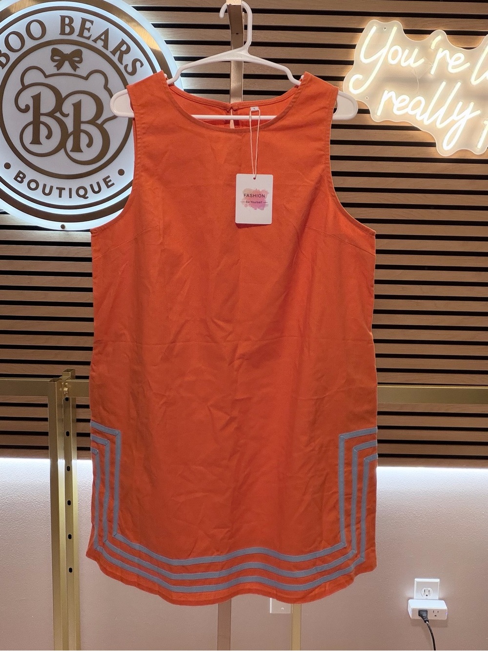 Sleeveless Orange Midi Shift Dress with Contrast Trim